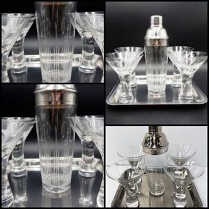 Home Essentials Hex 11 Set 4 Martini Etched Glasses Cocktail Shaker and Tray